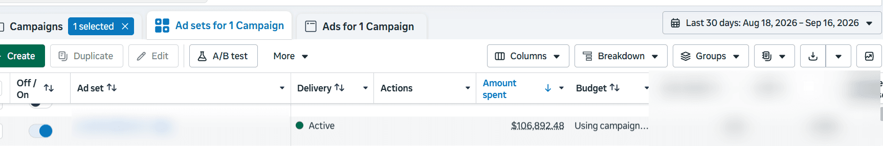 Meta Ads Manager: one active ad set with $106,892.48 spent from Aug 18 to Sep 16, 2026